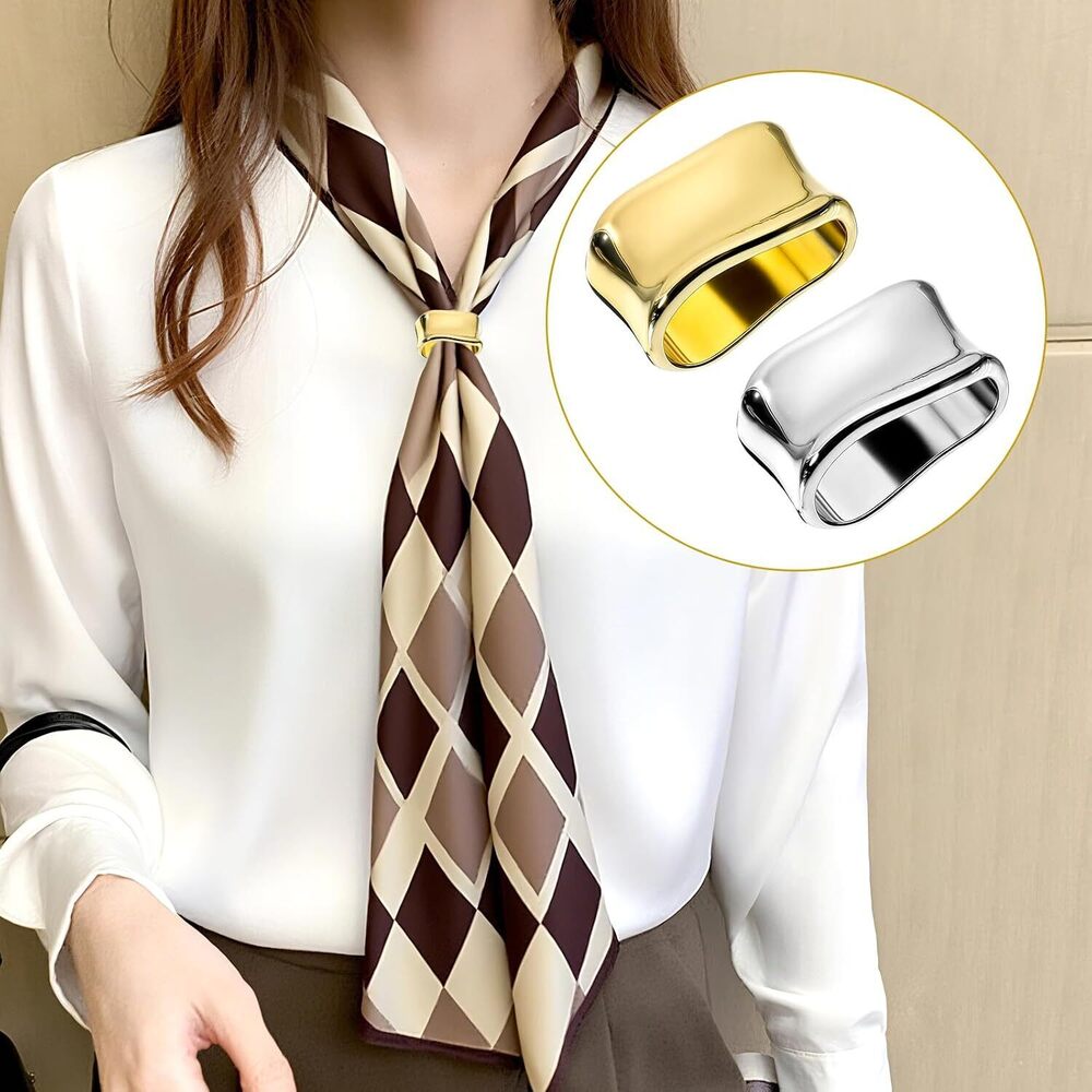2 Pcs Scarf Clip Oblate Silk Scarf Ring Brooch Gold & Silver Metal Clips Shawl - Picture 3 of 7